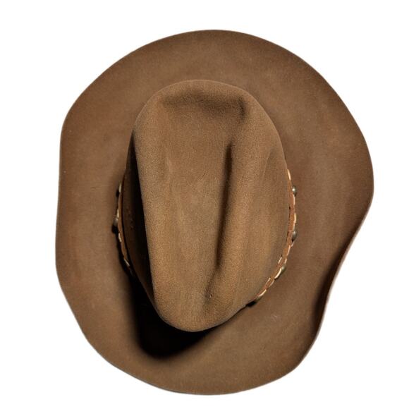 Vtg 1970s Keyston DeLuxe Brown Wool Studded Tooled Leather Band Western Hat OS - Picture 4 of 9